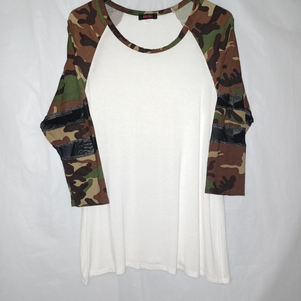 KRUSH WOMEN'S MESH CAMO SLEEVE BASEBALL SHIRT